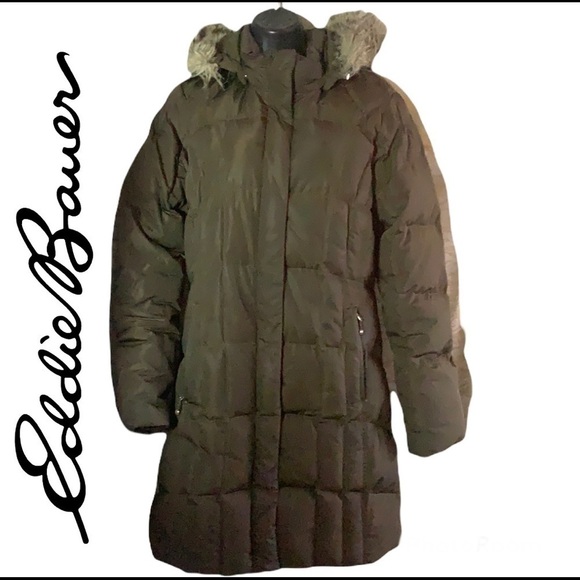 EDDIE Bauer Brown Premium Goose Down Long Puffer Coat Removable Hood Size M - Picture 2 of 15